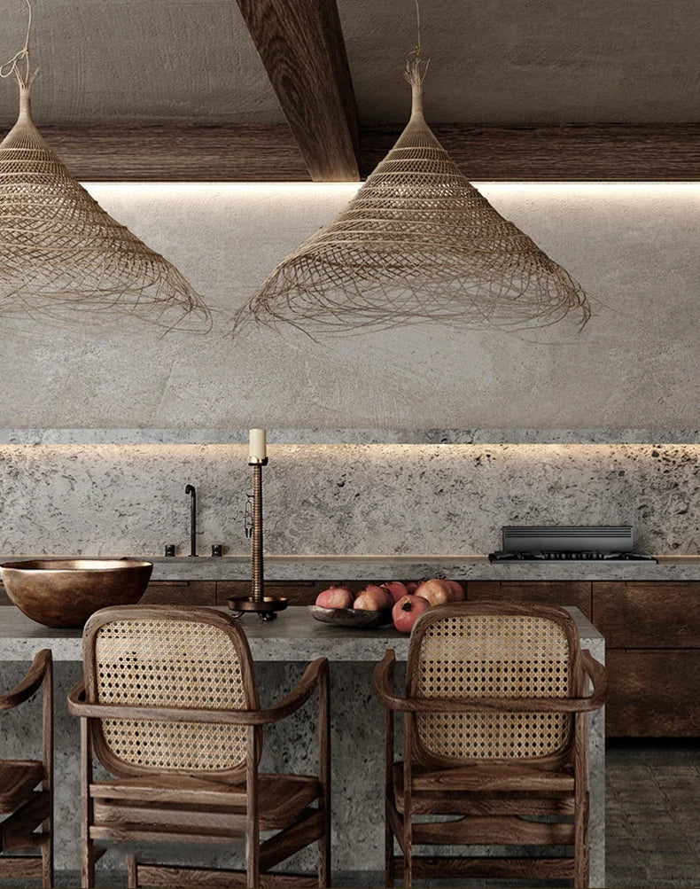 Kaizen Loom Pendant Light – Japandi LED Hanging Lamp | Wabi-Sabi Rattan-Style Ceiling Light for Calm Modern Interiors