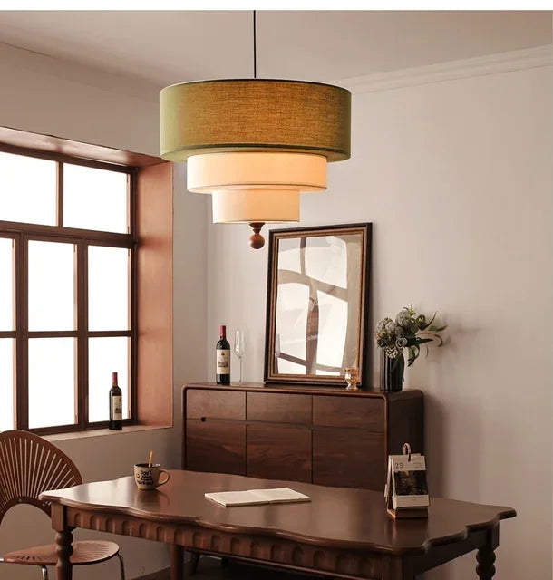 Boho Fabric Pendant Light – Wooden Ceiling Lamp | Warm Ambient Lighting | Rustic Modern Interior Décor