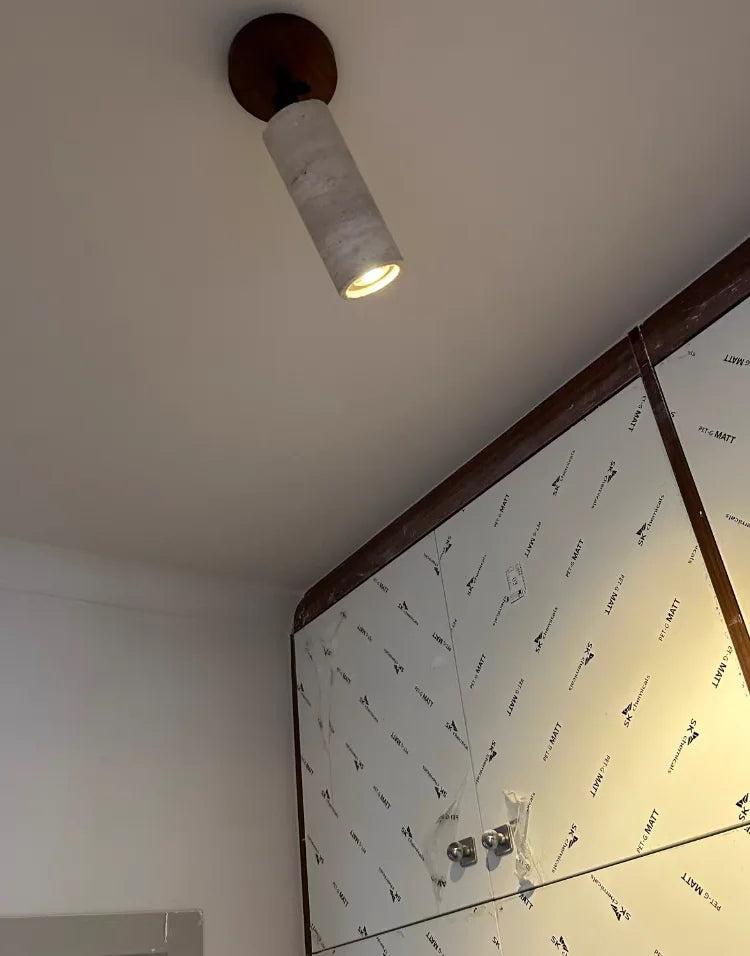 Travero Flush Ceiling Light – Wabi-Sabi Travertine Stone Lamp | Minimalist Natural Lighting for Modern Interiors