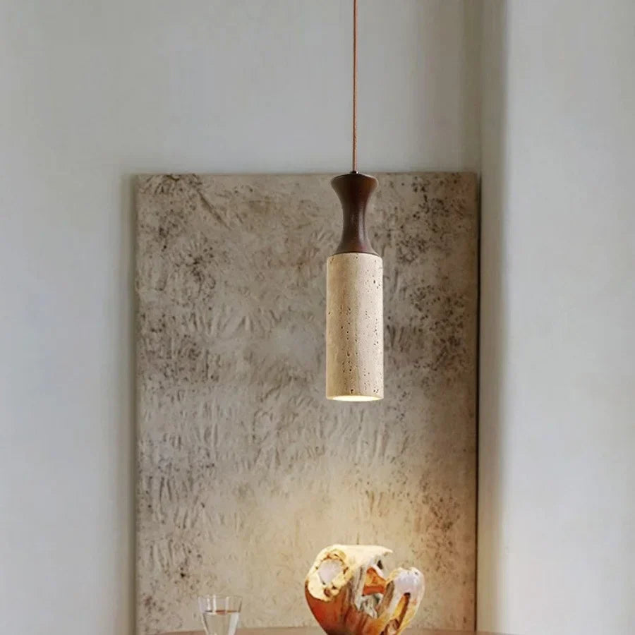 Wabiora Pendant Light – Travertine Stone & Wood Ceiling Lamp | Japandi Ambient Lighting | Natural Interior Harmony