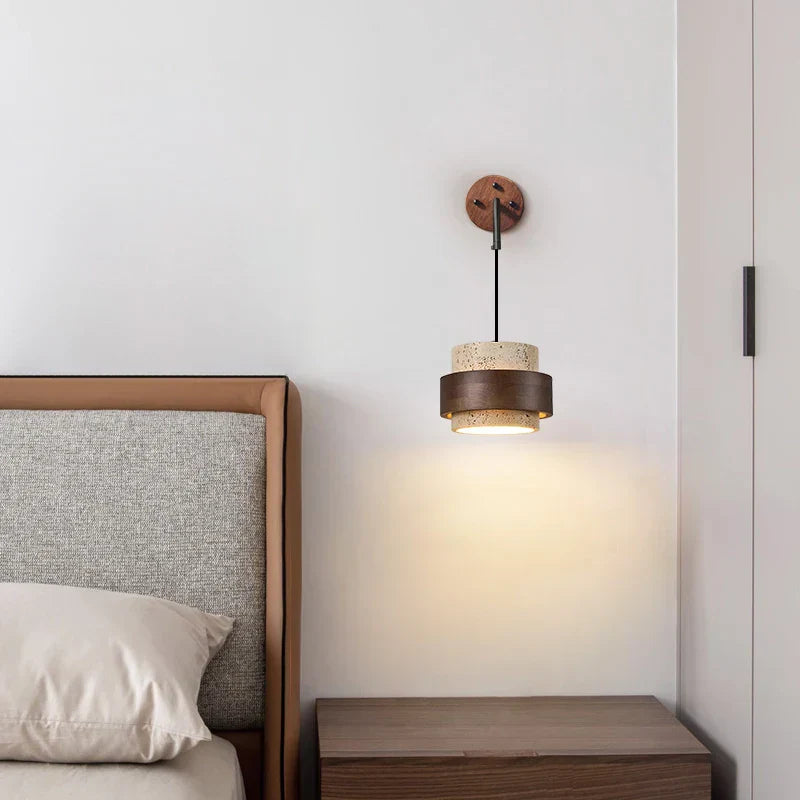 Travero Pull Wall Light – Travertine Stone & Wood LED Lamp | Scandinavian Ambient Lighting | Natural Interior Elegance