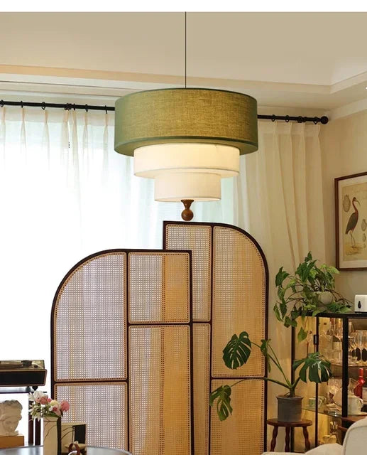 Boho Fabric Pendant Light – Wooden Ceiling Lamp | Warm Ambient Lighting | Rustic Modern Interior Décor