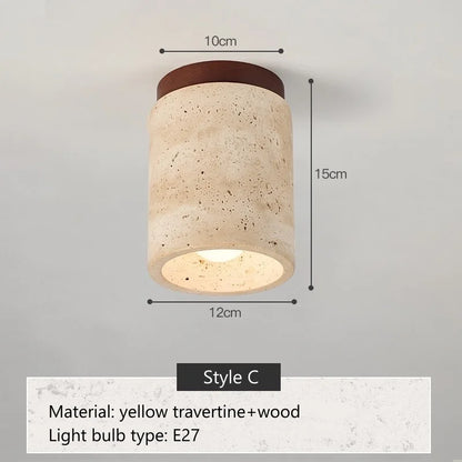 Travertine & Walnut Ceiling Light – Wabi-Sabi Japandi Flush Mount Lamp | Natural Ambient Interior Lighting