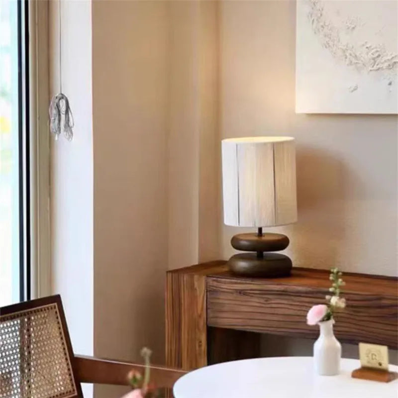 Japanese Wood Table Lamp with Jute Detail – Minimalist LED Bedside Light | Warm Zen Interior Lighting