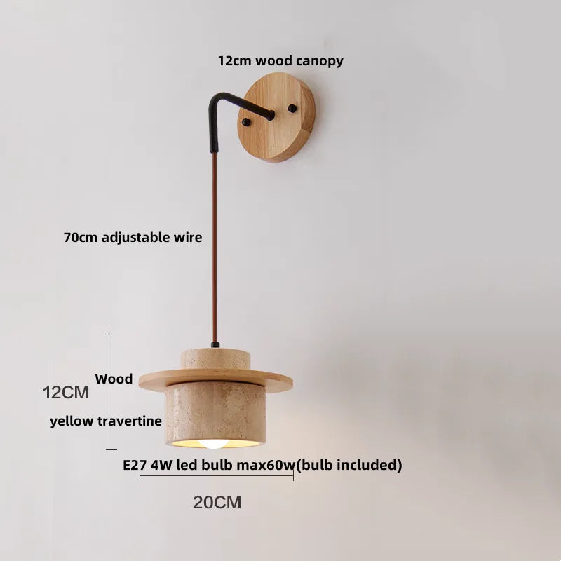 Travero Pull Wall Light – Travertine Stone & Wood LED Lamp | Scandinavian Ambient Lighting | Natural Interior Elegance