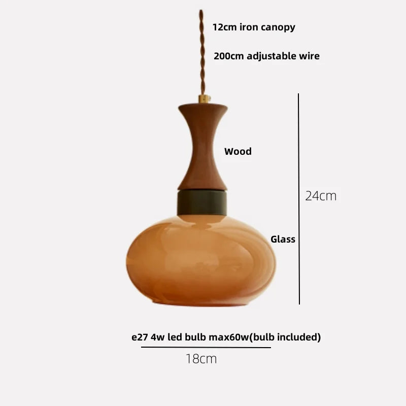 AmberGlow Vintage LED Pendant Lamp – Amber Glass & Wood Hanging Light with Adjustable 200 cm Cord