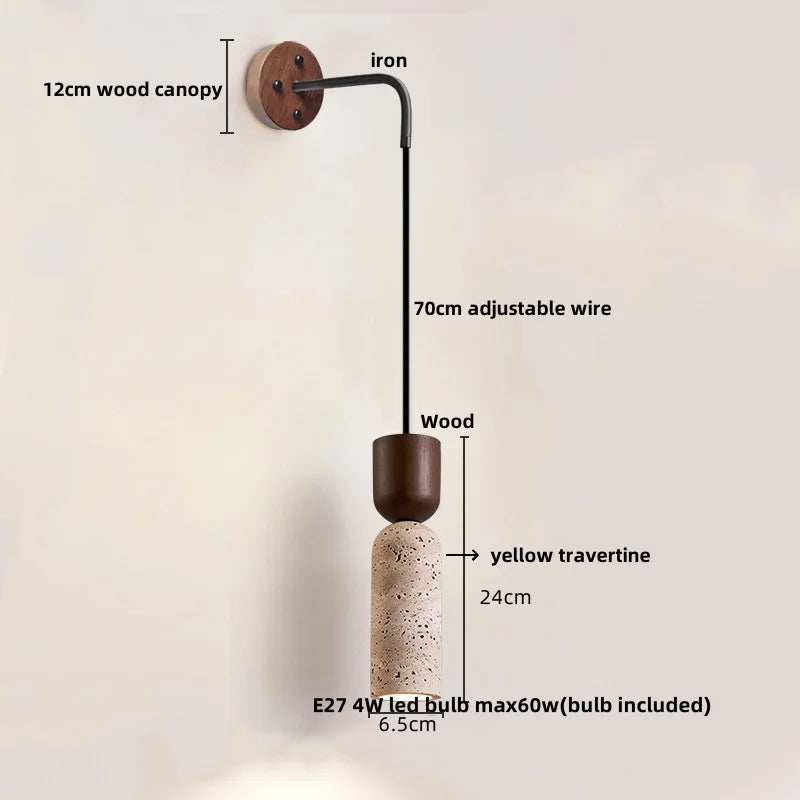 Travero Pull Wall Light – Travertine Stone & Wood LED Lamp | Scandinavian Ambient Lighting | Natural Interior Elegance