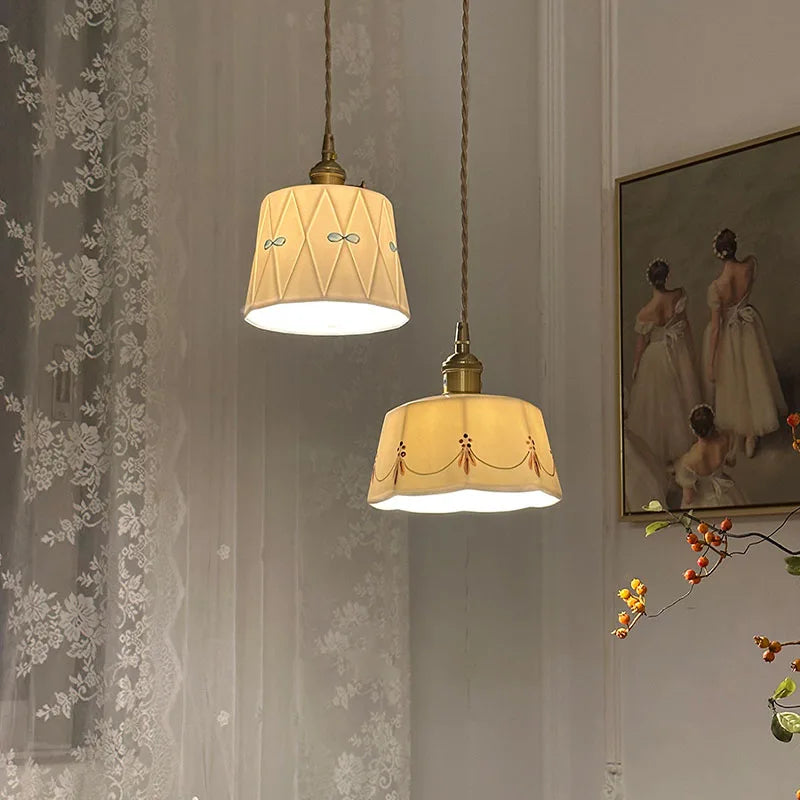 Japanese Ceramic Pendant Light with Brass Finish – Retro Minimalist Hanging Lamp | Warm Ambient Interior Lighting