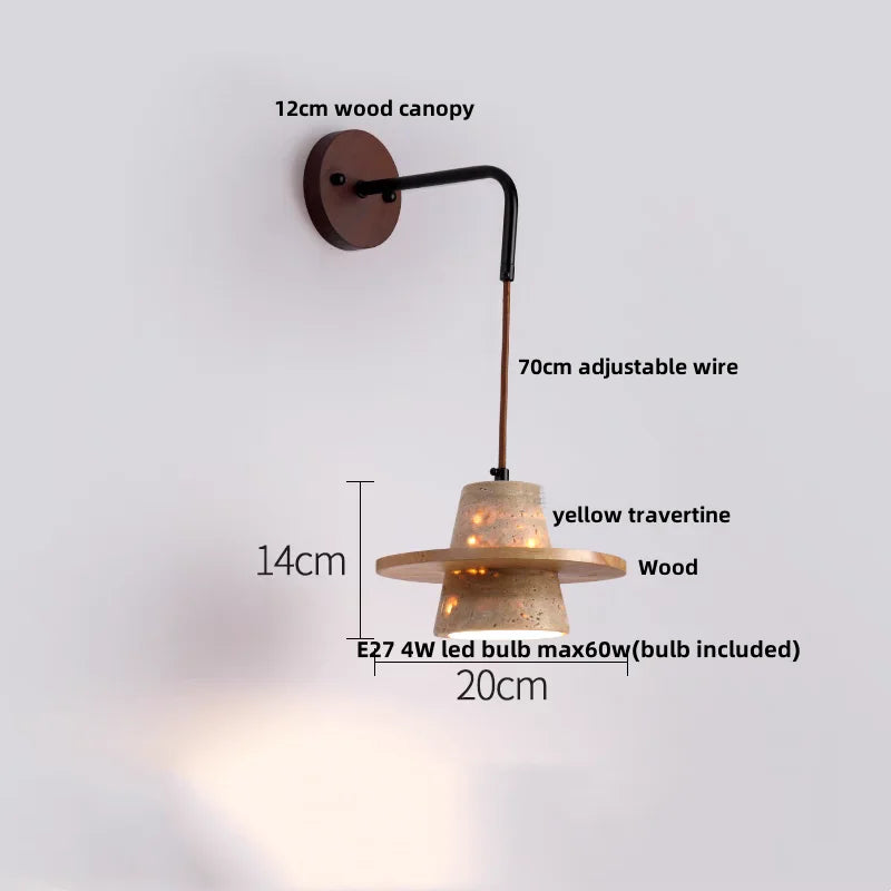 Travero Pull Wall Light – Travertine Stone & Wood LED Lamp | Scandinavian Ambient Lighting | Natural Interior Elegance