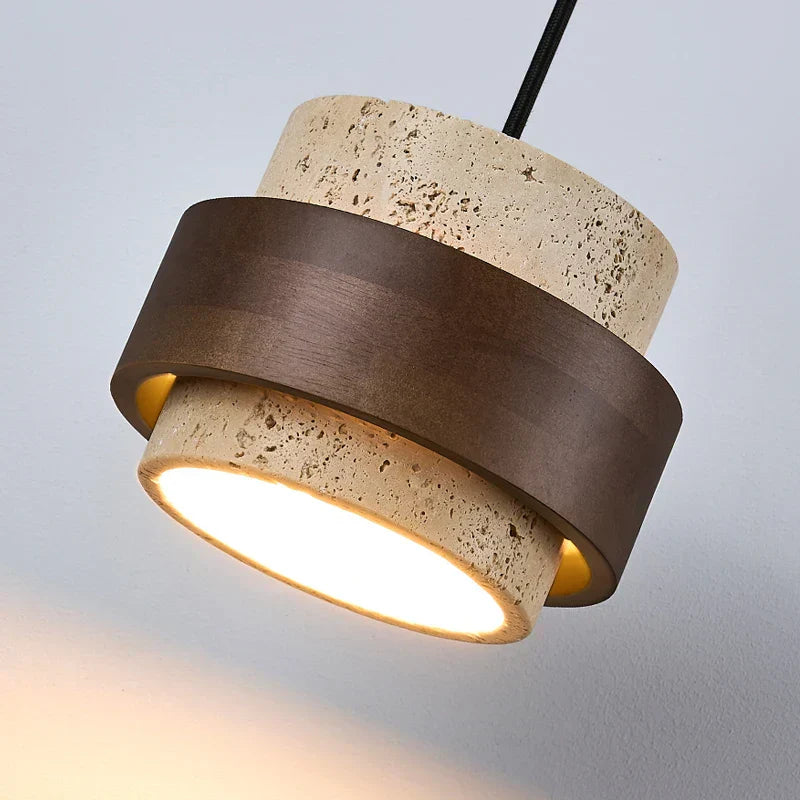 Travero Pull Wall Light – Travertine Stone & Wood LED Lamp | Scandinavian Ambient Lighting | Natural Interior Elegance