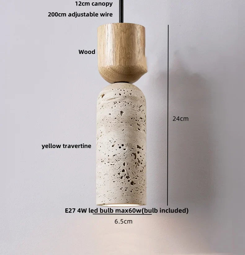 Wabiora Pendant Light – Travertine Stone & Wood Ceiling Lamp | Japandi Ambient Lighting | Natural Interior Harmony