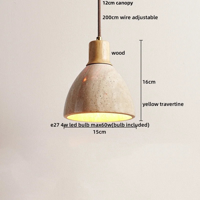 Wabiora Pendant Light – Travertine Stone & Wood Ceiling Lamp | Japandi Ambient Lighting | Natural Interior Harmony