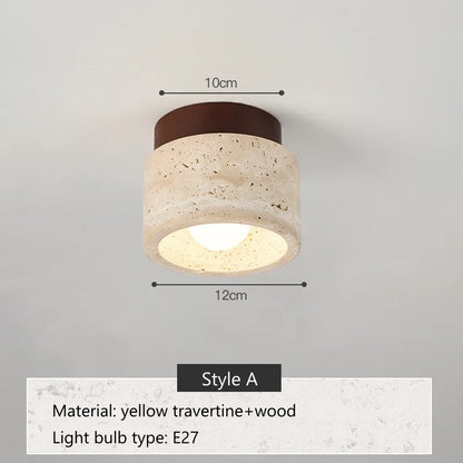 Travertine & Walnut Ceiling Light – Wabi-Sabi Japandi Flush Mount Lamp | Natural Ambient Interior Lighting