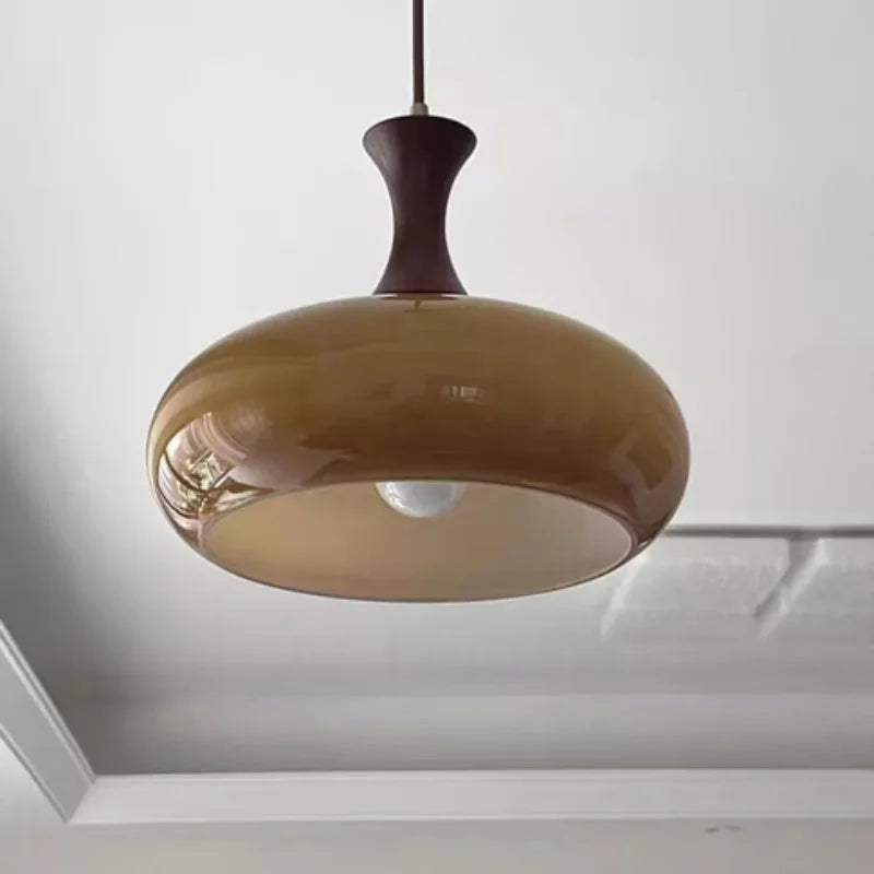 AmberGlow Vintage LED Pendant Lamp – Amber Glass & Wood Hanging Light with Adjustable 200 cm Cord