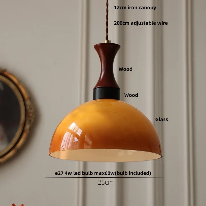 AmberGlow Vintage LED Pendant Lamp – Amber Glass & Wood Hanging Light with Adjustable 200 cm Cord
