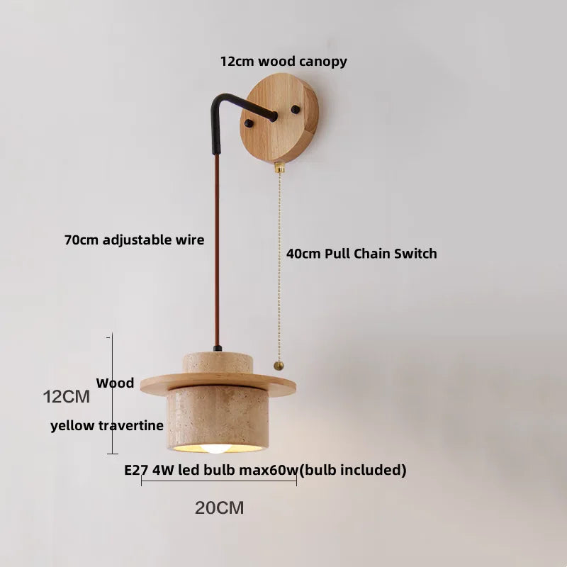 Travero Pull Wall Light – Travertine Stone & Wood LED Lamp | Scandinavian Ambient Lighting | Natural Interior Elegance
