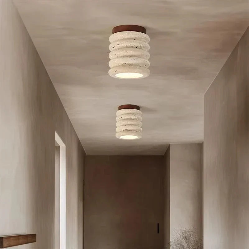 Travertine & Walnut Ceiling Light – Wabi-Sabi Japandi Flush Mount Lamp | Natural Ambient Interior Lighting