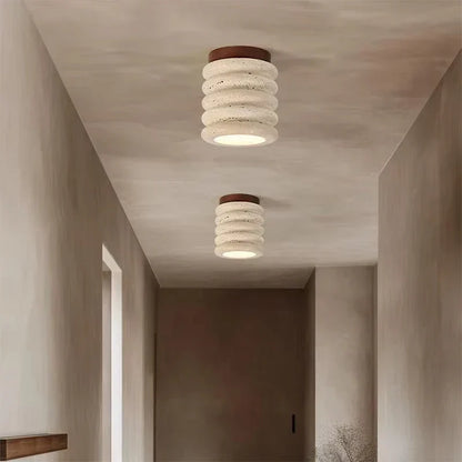 Travertine & Walnut Ceiling Light – Wabi-Sabi Japandi Flush Mount Lamp | Natural Ambient Interior Lighting