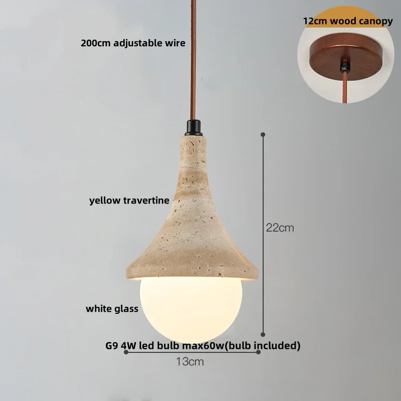 Wabiora Pendant Light – Travertine Stone & Wood Ceiling Lamp | Japandi Ambient Lighting | Natural Interior Harmony