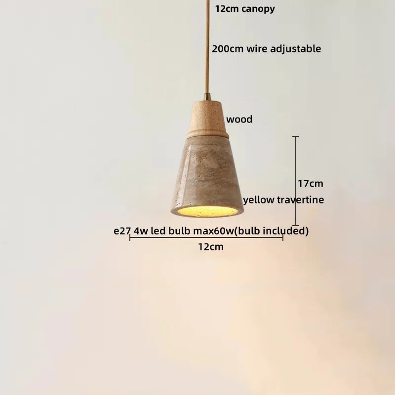Wabiora Pendant Light – Travertine Stone & Wood Ceiling Lamp | Japandi Ambient Lighting | Natural Interior Harmony