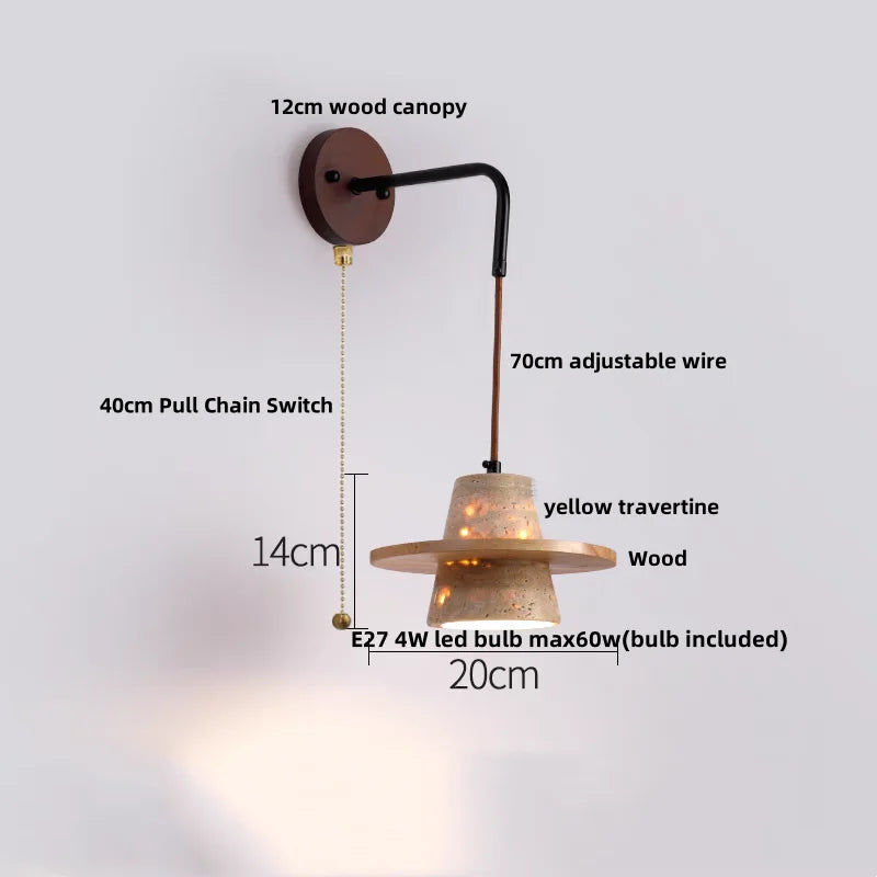 Travero Pull Wall Light – Travertine Stone & Wood LED Lamp | Scandinavian Ambient Lighting | Natural Interior Elegance