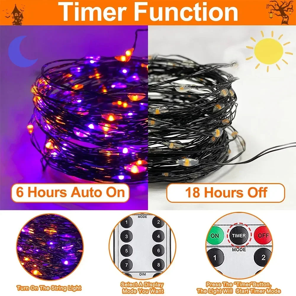 GLOWSPELL LED String Lights – Purple & Orange Halloween Fairy Lights | USB Powered with Remote Control