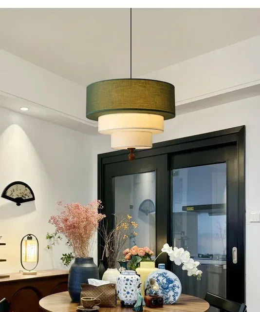Boho Fabric Pendant Light – Wooden Ceiling Lamp | Warm Ambient Lighting | Rustic Modern Interior Décor