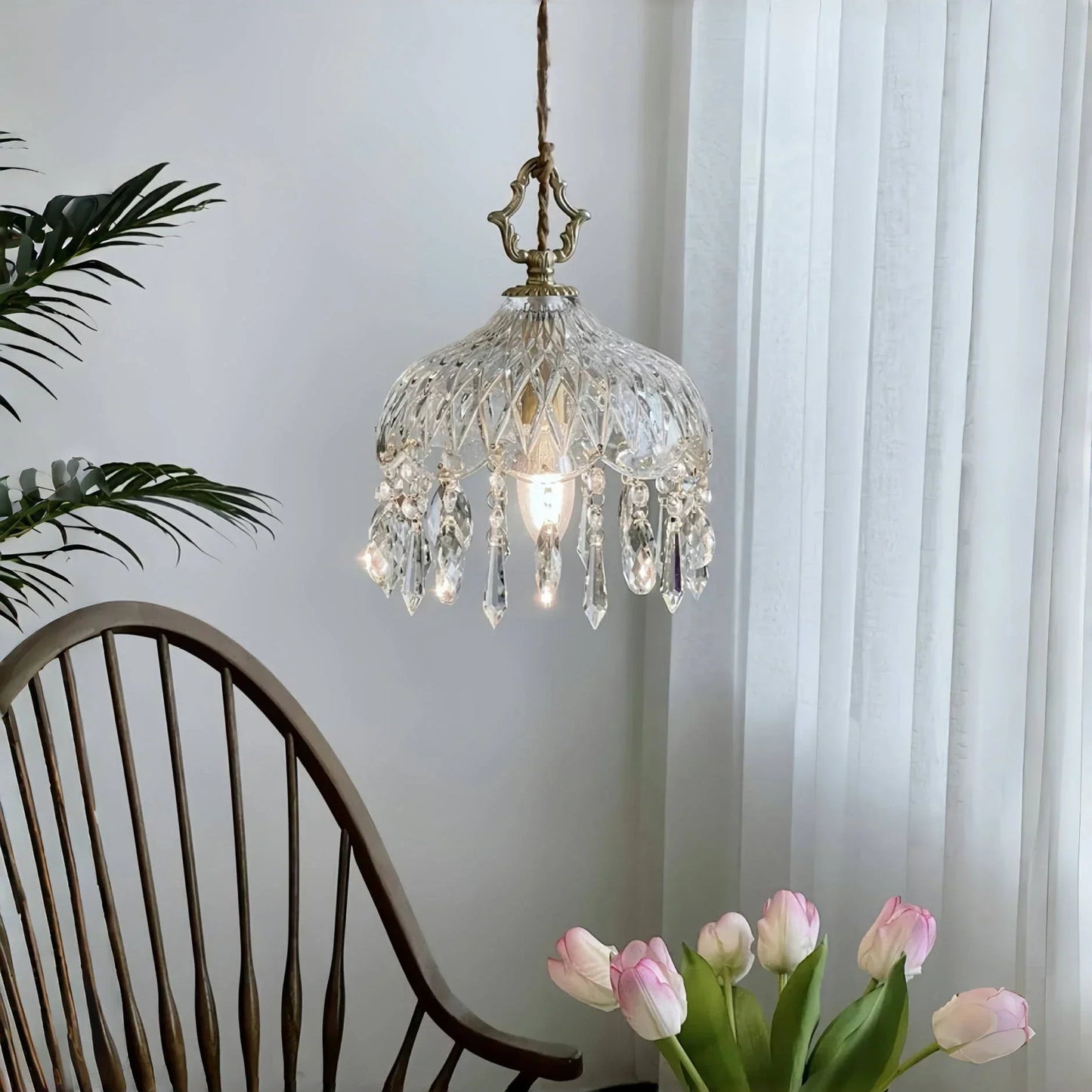 French Crystal Glass Pendant Light – Luxury Gold LED Chandelier | Elegant Ambient Lighting | Vintage-Inspired Statement Piece