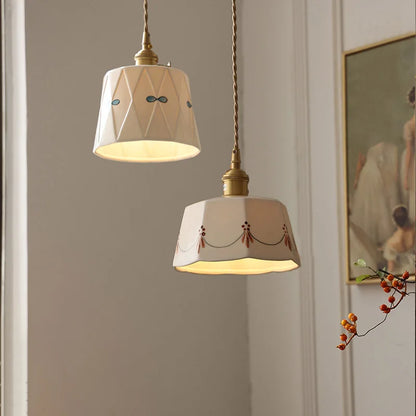 Japanese Ceramic Pendant Light with Brass Finish – Retro Minimalist Hanging Lamp | Warm Ambient Interior Lighting