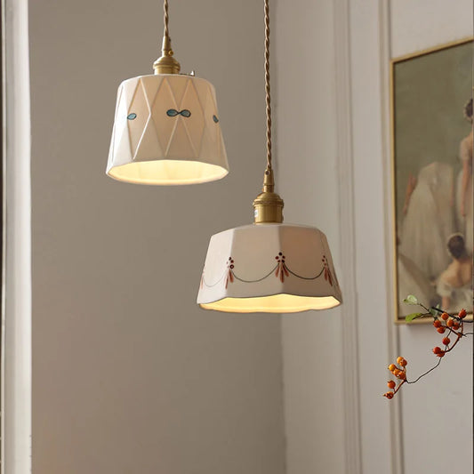 Japanese Ceramic Pendant Light with Brass Finish – Retro Minimalist Hanging Lamp | Warm Ambient Interior Lighting