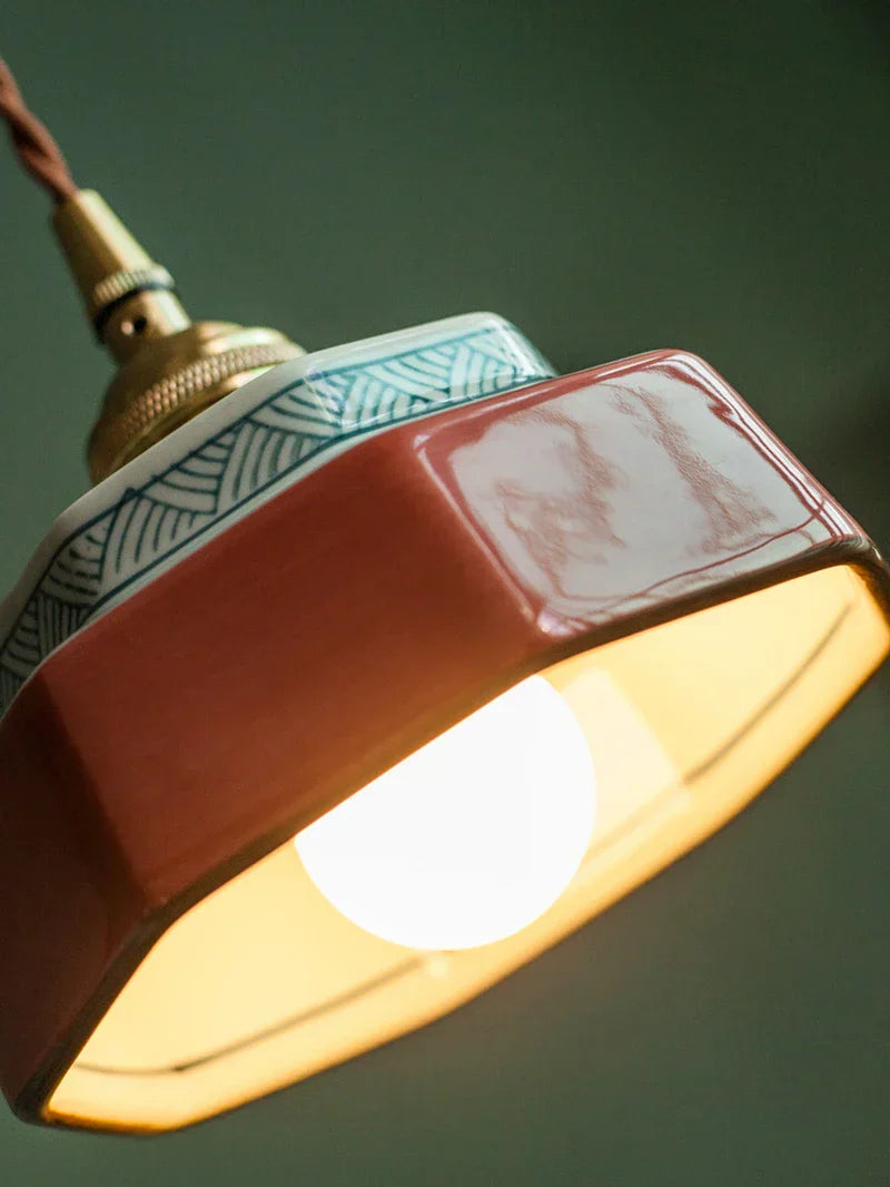 Dark Green Ceramic Pendant Light with Copper Finish – Retro Nordic Ceiling Lamp | Elegant Ambient Lighting