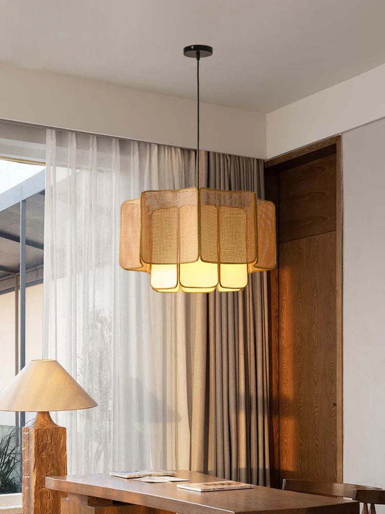 Wabi Sabi Rattan Pendant Light – Handwoven Bamboo Ceiling Lamp | Natural Ambient Lighting | Japandi Boho Interior Décor