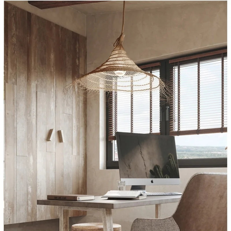 Kaizen Loom Pendant Light – Japandi LED Hanging Lamp | Wabi-Sabi Rattan-Style Ceiling Light for Calm Modern Interiors