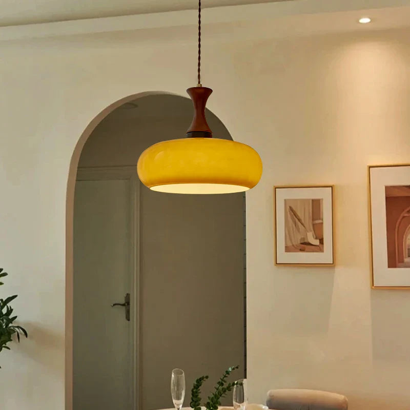 AmberGlow Vintage LED Pendant Lamp – Amber Glass & Wood Hanging Light with Adjustable 200 cm Cord