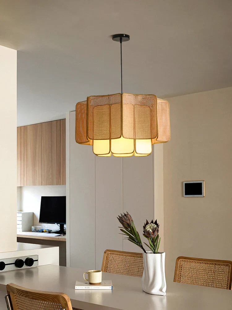Wabi Sabi Rattan Pendant Light – Handwoven Bamboo Ceiling Lamp | Natural Ambient Lighting | Japandi Boho Interior Décor