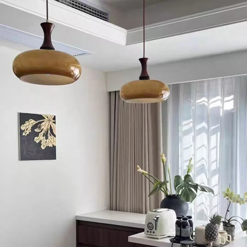 AmberGlow Vintage LED Pendant Lamp – Amber Glass & Wood Hanging Light with Adjustable 200 cm Cord