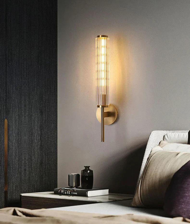 Modern Clear Glass Wall Light – Gold Brass E14 LED Wall Lamp for Bedrooms, Hallways & Bathrooms