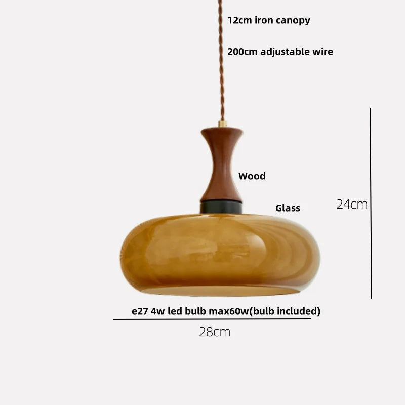 AmberGlow Vintage LED Pendant Lamp – Amber Glass & Wood Hanging Light with Adjustable 200 cm Cord