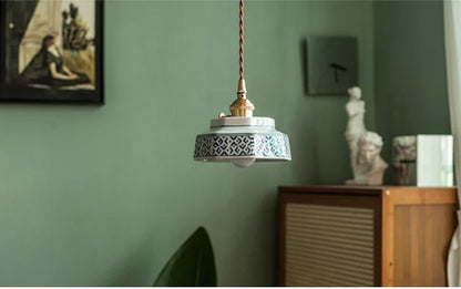 Dark Green Ceramic Pendant Light with Copper Finish – Retro Nordic Ceiling Lamp | Elegant Ambient Lighting