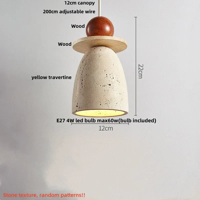Wabiora Pendant Light – Travertine Stone & Wood Ceiling Lamp | Japandi Ambient Lighting | Natural Interior Harmony