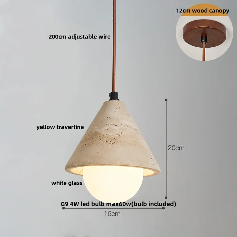 Wabiora Pendant Light – Travertine Stone & Wood Ceiling Lamp | Japandi Ambient Lighting | Natural Interior Harmony