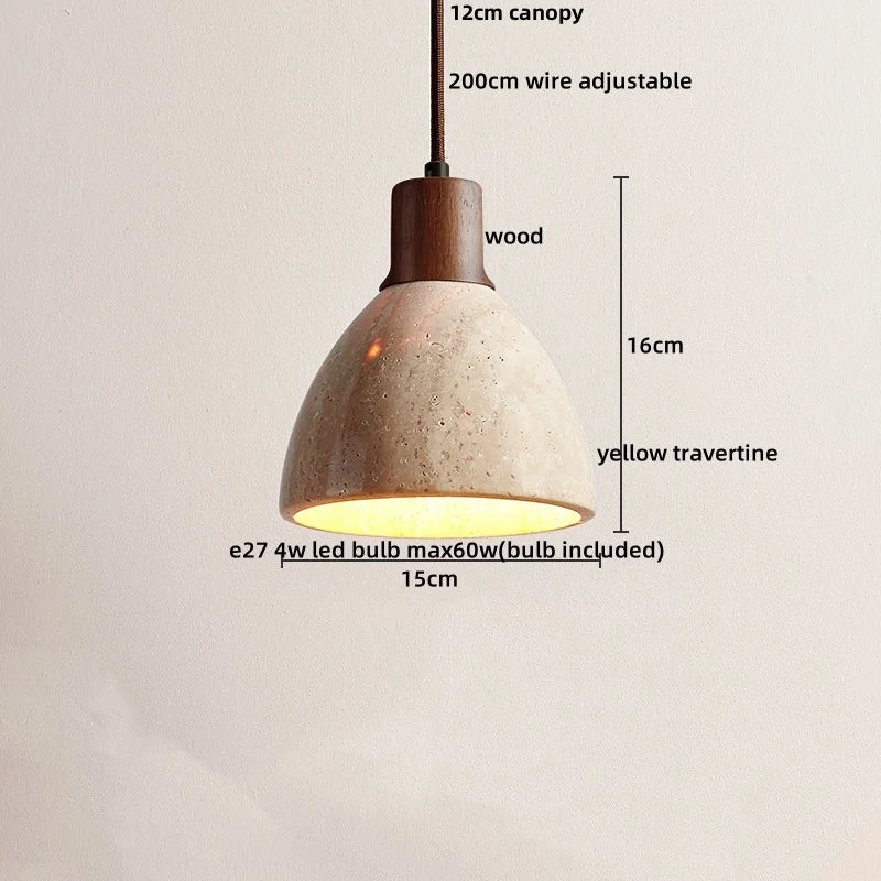 Wabiora Pendant Light – Travertine Stone & Wood Ceiling Lamp | Japandi Ambient Lighting | Natural Interior Harmony