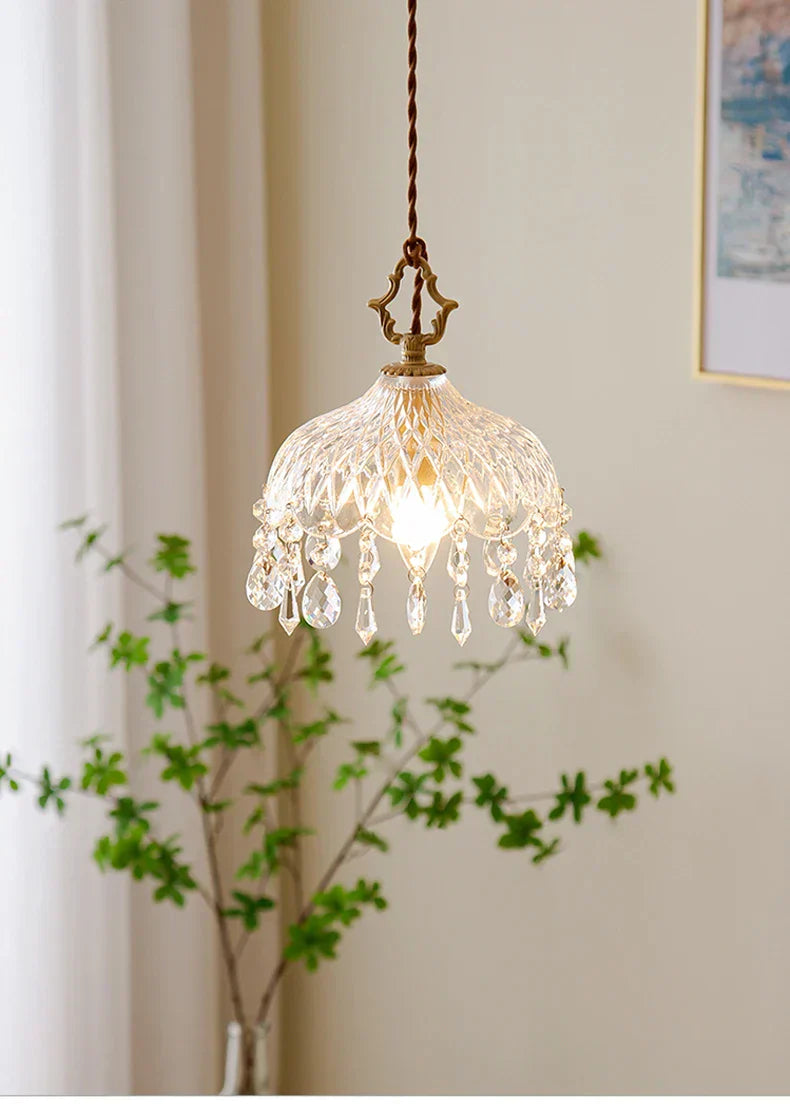 French Crystal Glass Pendant Light – Luxury Gold LED Chandelier | Elegant Ambient Lighting | Vintage-Inspired Statement Piece