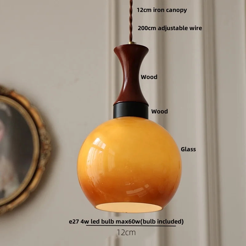 AmberGlow Vintage LED Pendant Lamp – Amber Glass & Wood Hanging Light with Adjustable 200 cm Cord