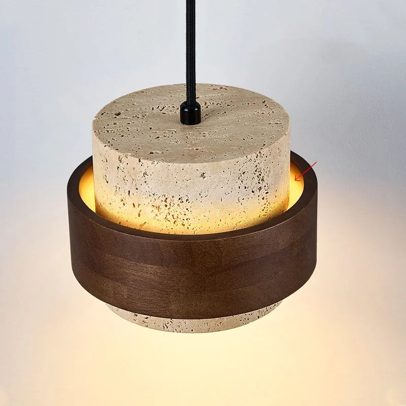 Travero Pull Wall Light – Travertine Stone & Wood LED Lamp | Scandinavian Ambient Lighting | Natural Interior Elegance