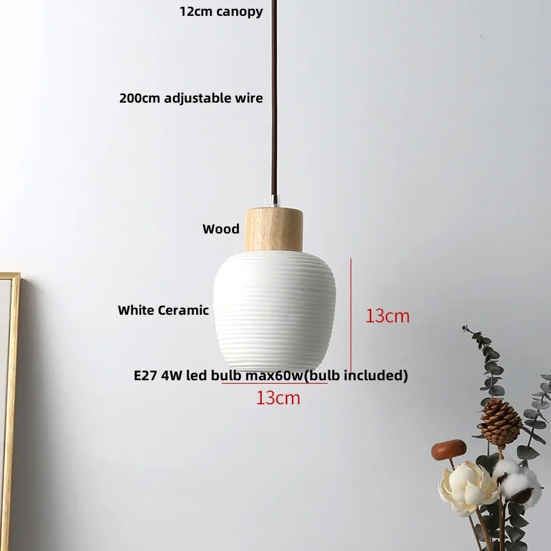 Ceramic & Wood Pendant Light – Modern Nordic LED Hanging Lamp | Natural Contemporary Lighting