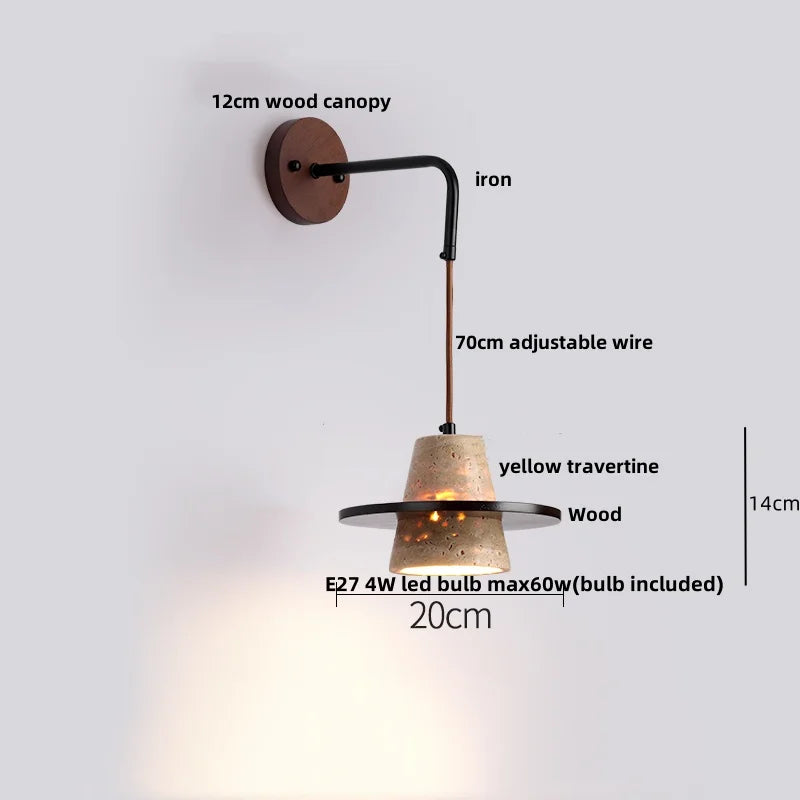 Travero Pull Wall Light – Travertine Stone & Wood LED Lamp | Scandinavian Ambient Lighting | Natural Interior Elegance