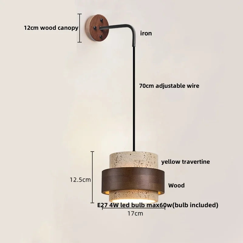 Travero Pull Wall Light – Travertine Stone & Wood LED Lamp | Scandinavian Ambient Lighting | Natural Interior Elegance
