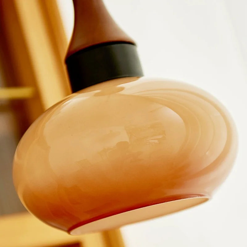 AmberGlow Vintage LED Pendant Lamp – Amber Glass & Wood Hanging Light with Adjustable 200 cm Cord