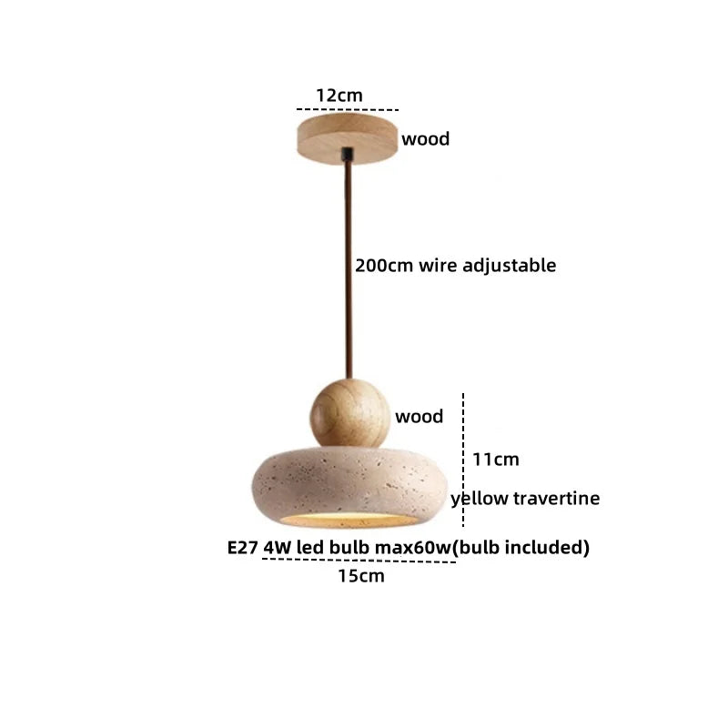 Wabiora Pendant Light – Travertine Stone & Wood Ceiling Lamp | Japandi Ambient Lighting | Natural Interior Harmony